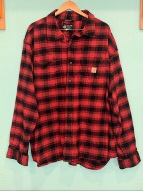 Carhartt Red & Black Plaid Button-Down Flannel. Rugged Flex. 4XL.
